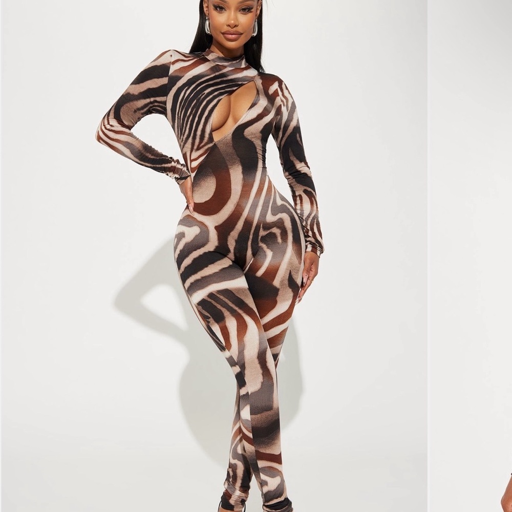 Fashion Nova Brown and Black Patterned Jumpsuit